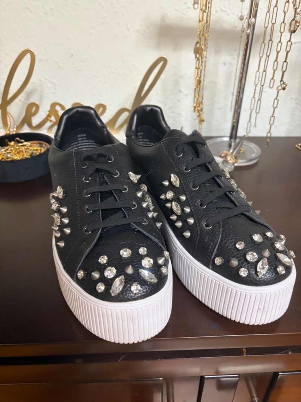 Karl Lagerfeld Black Crystal & Spike Platform Sneakers